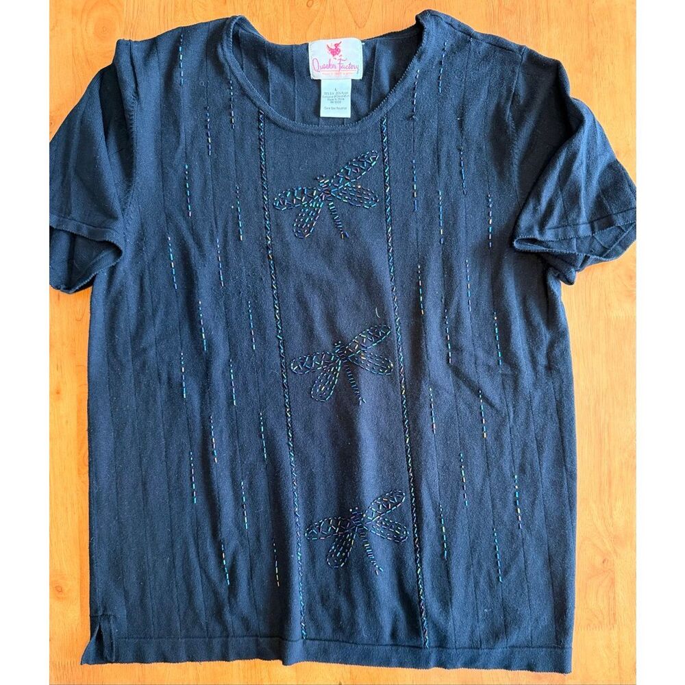 Quacker Factory Tunic Women's Large Dragonfly Bedazled Top Black